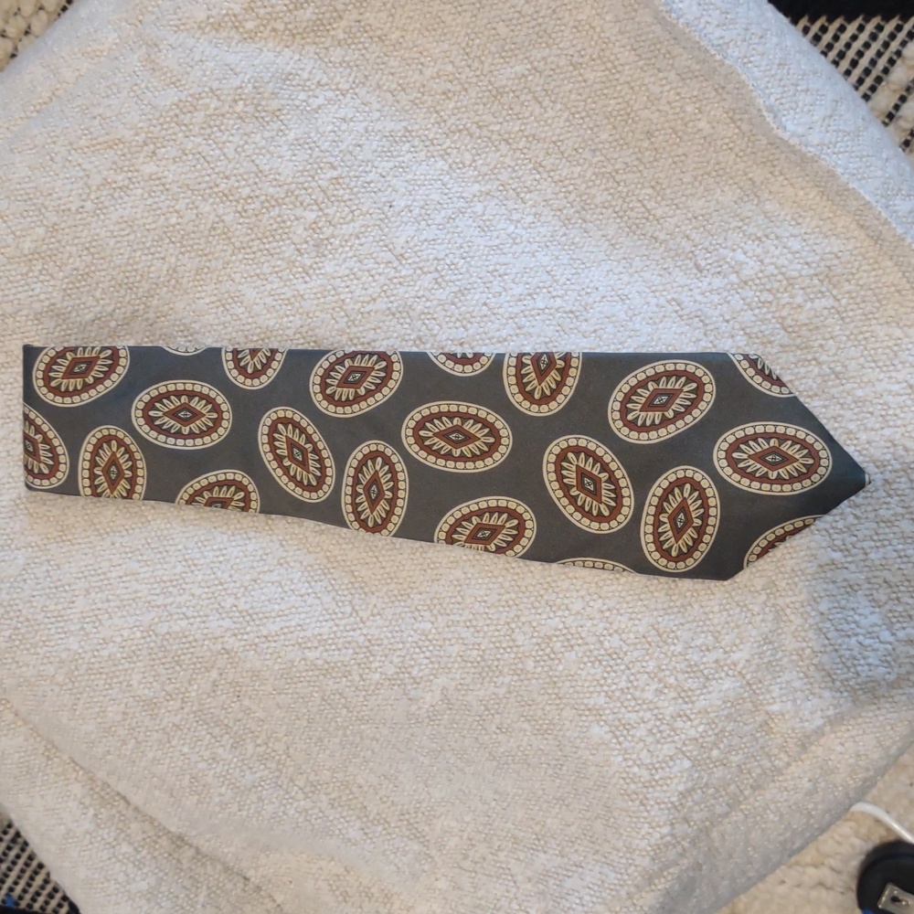 Oscar de la Renta Mens Geometric Patterned Tie in‎ Gray and Brown - Picture 3 of 3